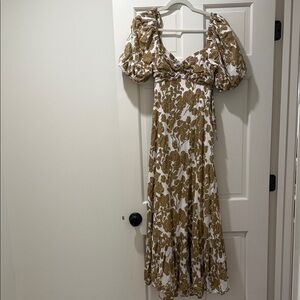 English Factory White and Olive Floral Puff-Sleeve Maxi Dress